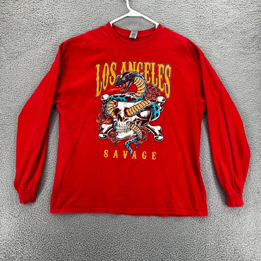 Los Angeles Savage T-Shirt Snake Skull Men XL Long Sleeve Red‎ Soft Stretch READ